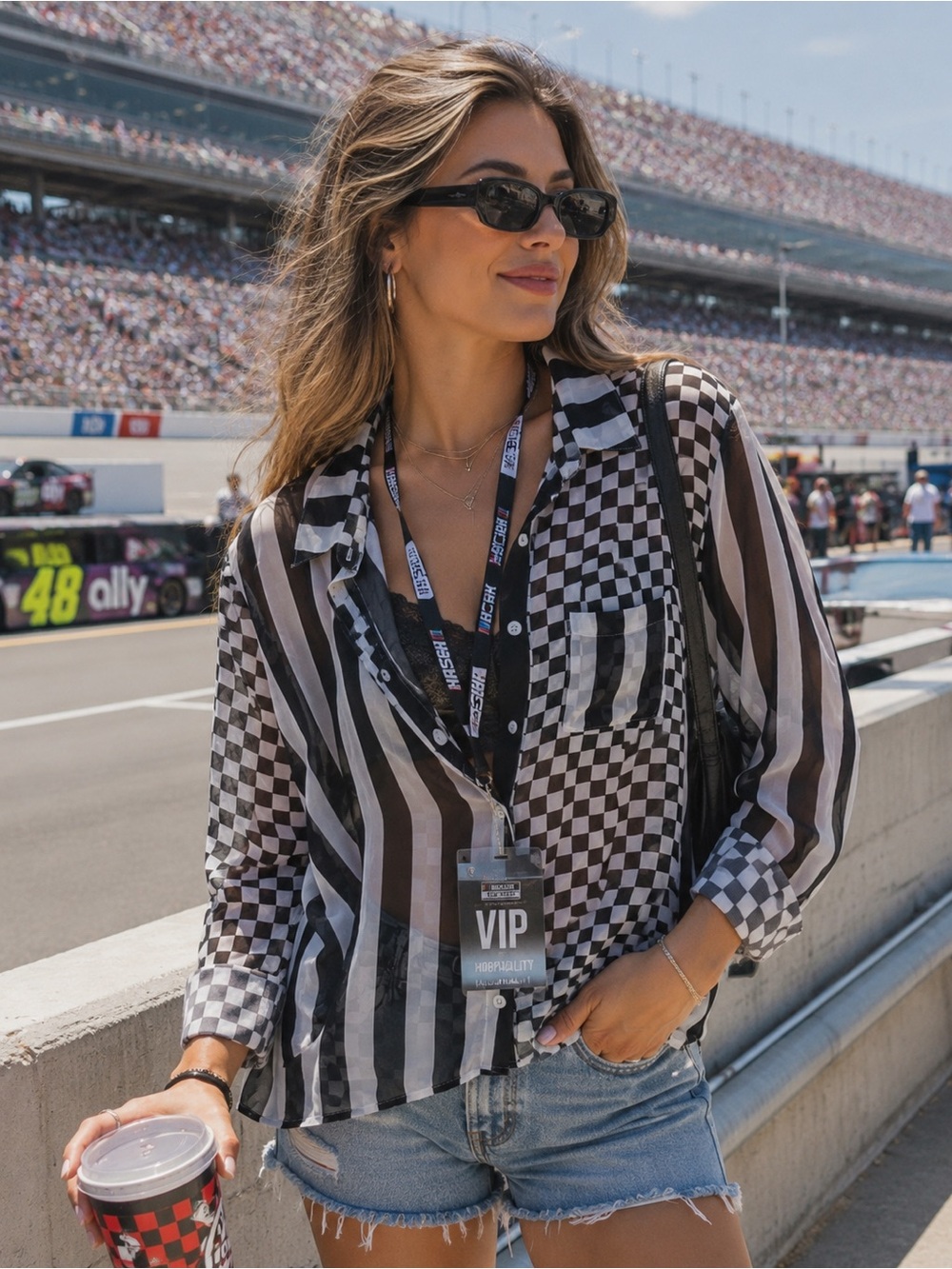 Love Culture Black & White Sheer Checkered and Striped Button-Down